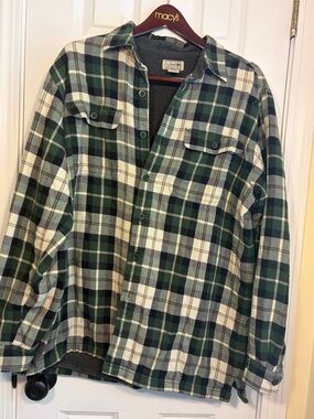 L.L. Bean Green and White Plaid Button-Down Flannel Shirt